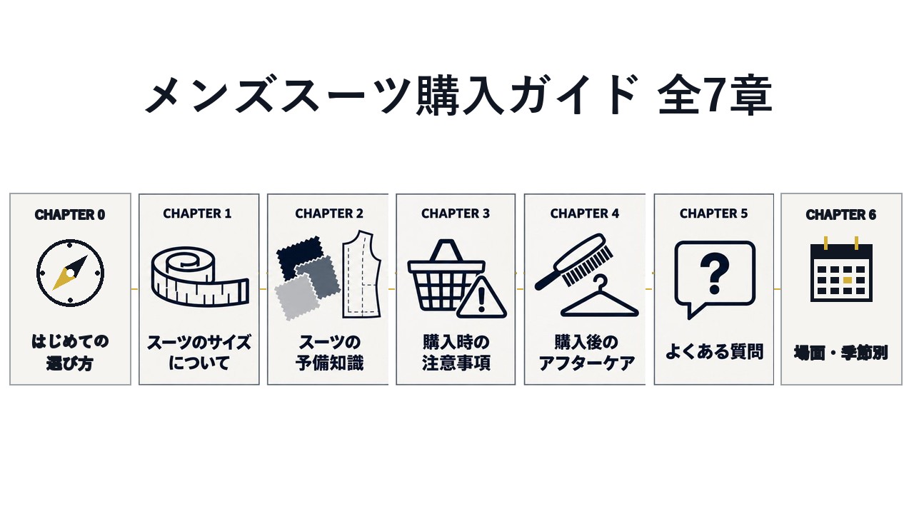 メンズスーツ購入ガイドの全7章(はじめての選び方、スーツのサイズについて、スーツの予備知識、購入時の注意事項、購入後のアフターケア、よくある質問、場面・季節別)を順に並べた全体図