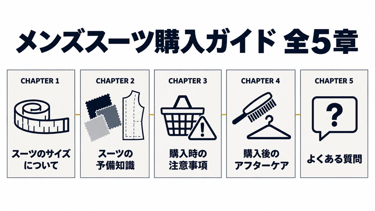 メンズスーツ購入ガイドの全5章（スーツのサイズについて、スーツの予備知識、購入時の注意事項、購入後のアフターケア、よくある質問）を順に並べた全体図