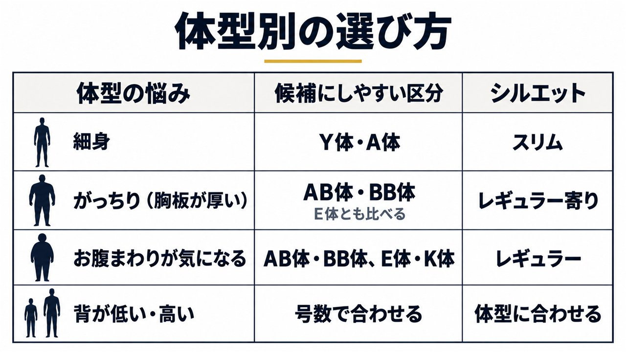 体型の悩み別の早見図。細身はY体・A体でスリム、がっちり(胸板が厚い)はAB体・BB体(E体とも比べる)でレギュラー寄り、お腹まわりが気になる場合はAB体・BB体、E体・K体でレギュラー、背が低い・高い場合は号数で合わせ、シルエットは体型に合わせる