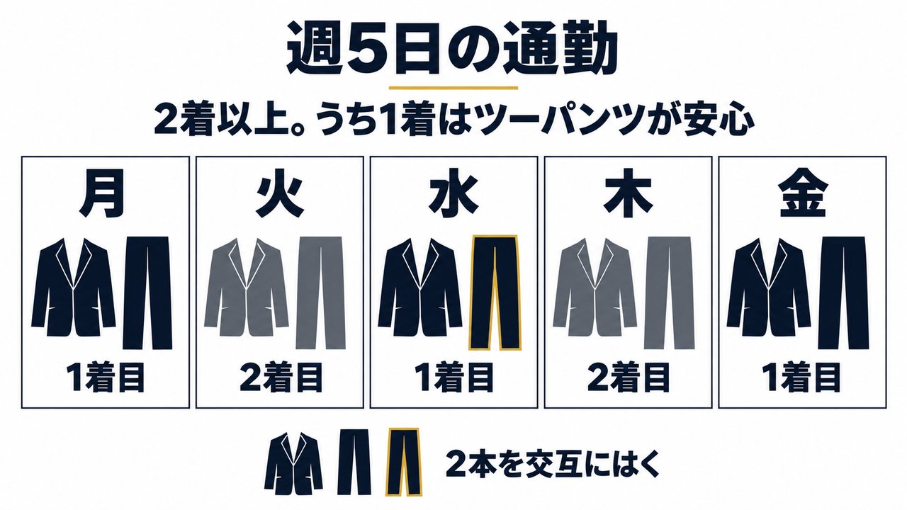 週5日の通勤で2着を回す例。月・水・金は1着目（ツーパンツのスラックス2本を交互にはく）、火・木は2着目を着るカレンダー型の図