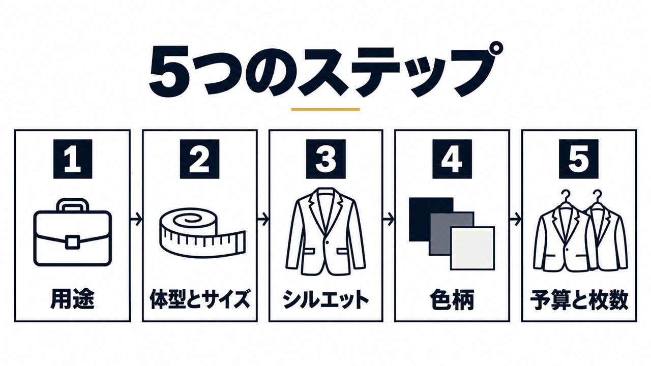 はじめてのスーツを選ぶ5つのステップ（1 用途、2 体型とサイズ、3 シルエット、4 色柄、5 予算と枚数）を左から右へ矢印で並べたフロー図