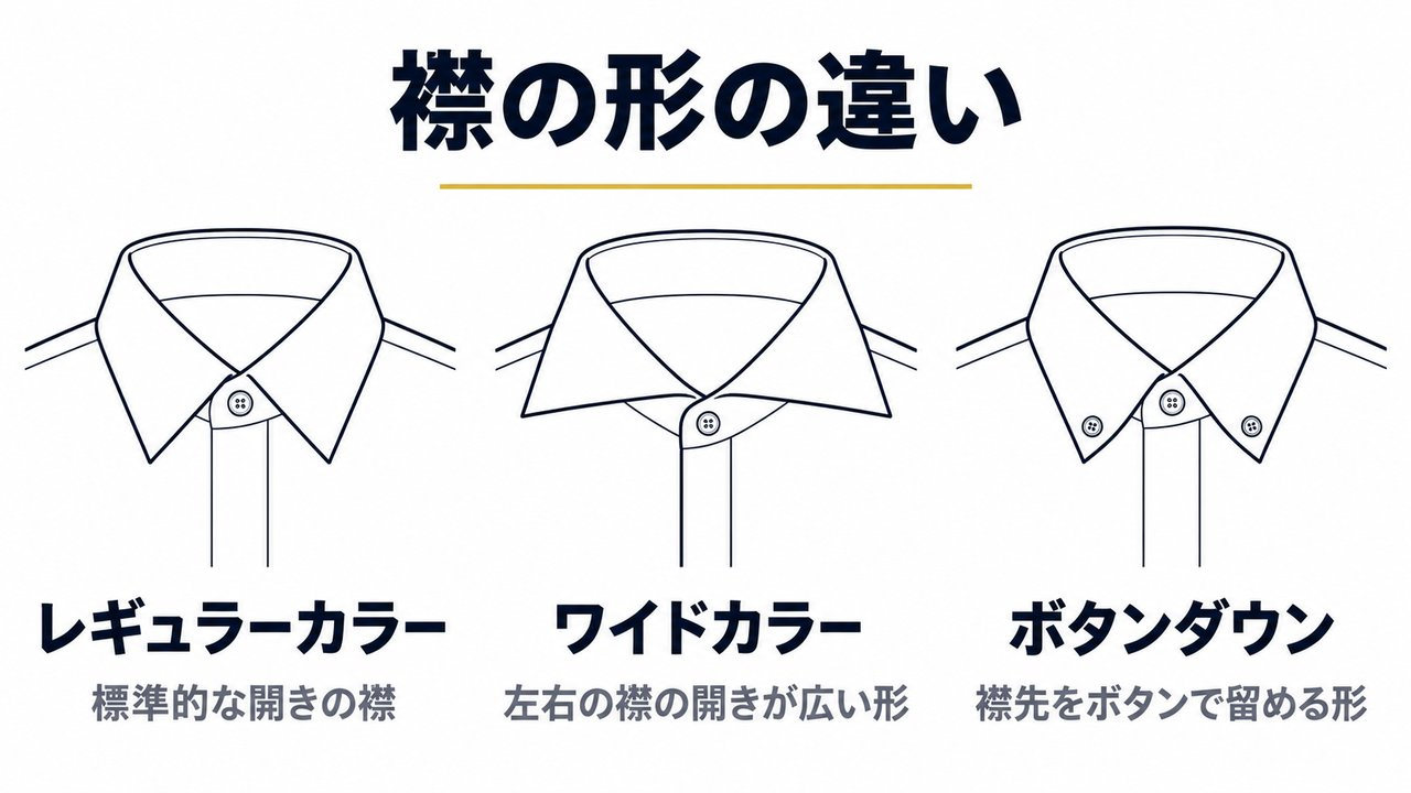 シャツの襟の形3種を正面から並べた線画。レギュラーカラーは標準的な開きの襟、ワイドカラーは左右の襟の開きが広い形、ボタンダウンは襟先をボタンで留める形